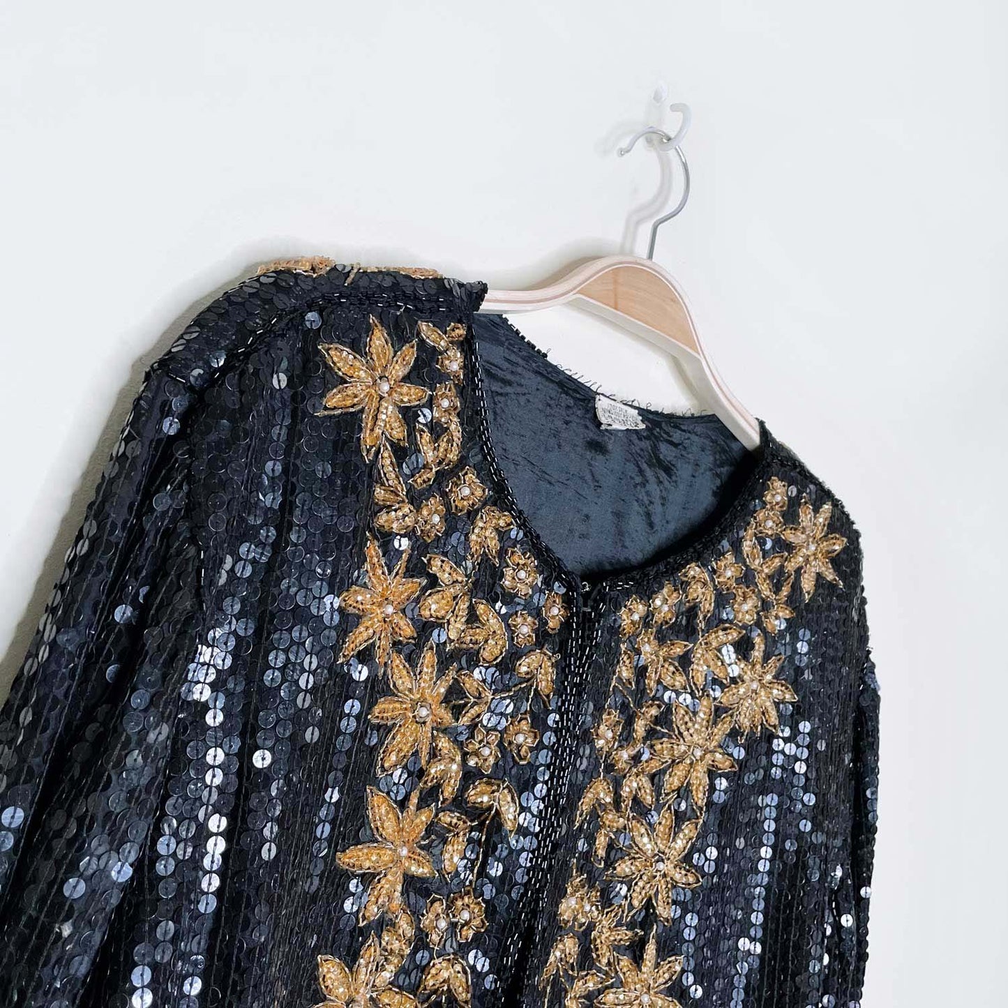 vintage black gold sequin poinsettia silk holiday jacket - size large
