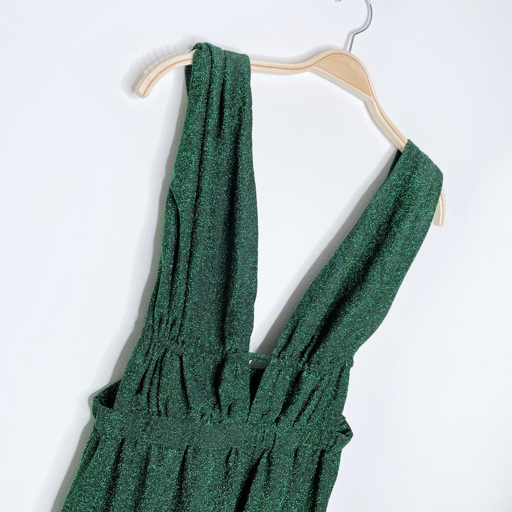 ruched goddess peekaboo high slit green glitter gown