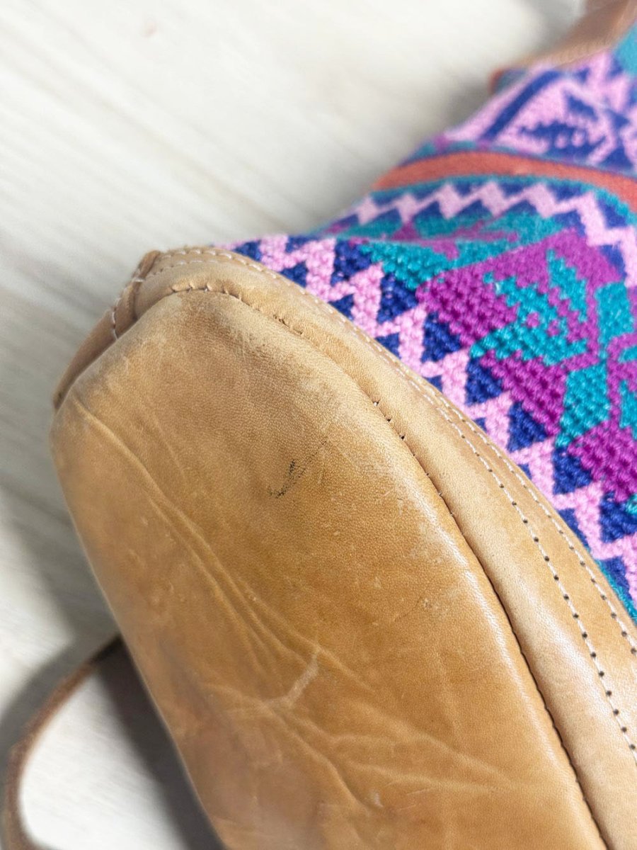 handmade leather trim boho woven crossbody bag - good market thrift store