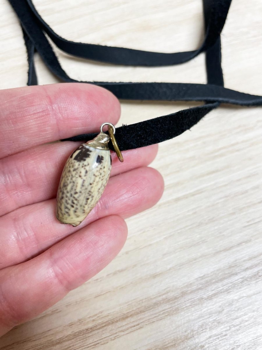handmade soft leather wrap choker with gold dusted shell pendant | rework - good market thrift store