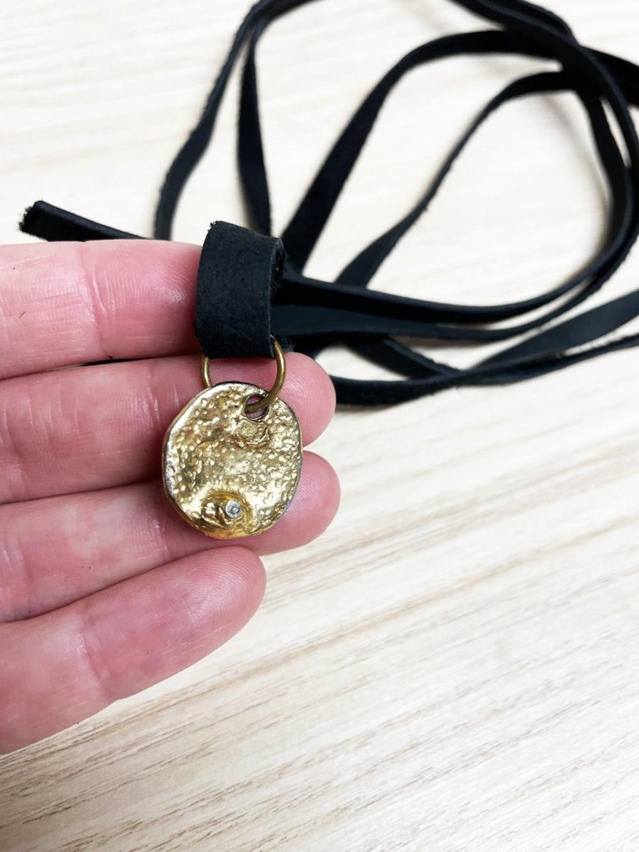 handmade soft leather wrap choker with gold pendant | rework - good market thrift store