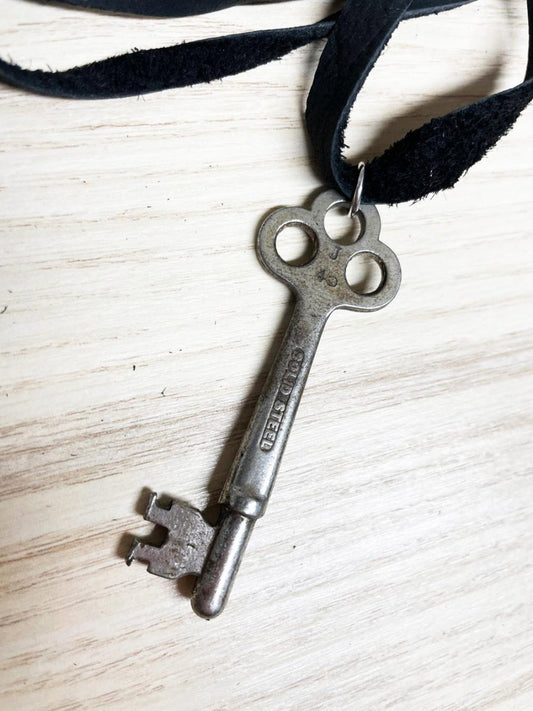 handmade soft leather wrap choker with vintage key pendant | rework - good market thrift store
