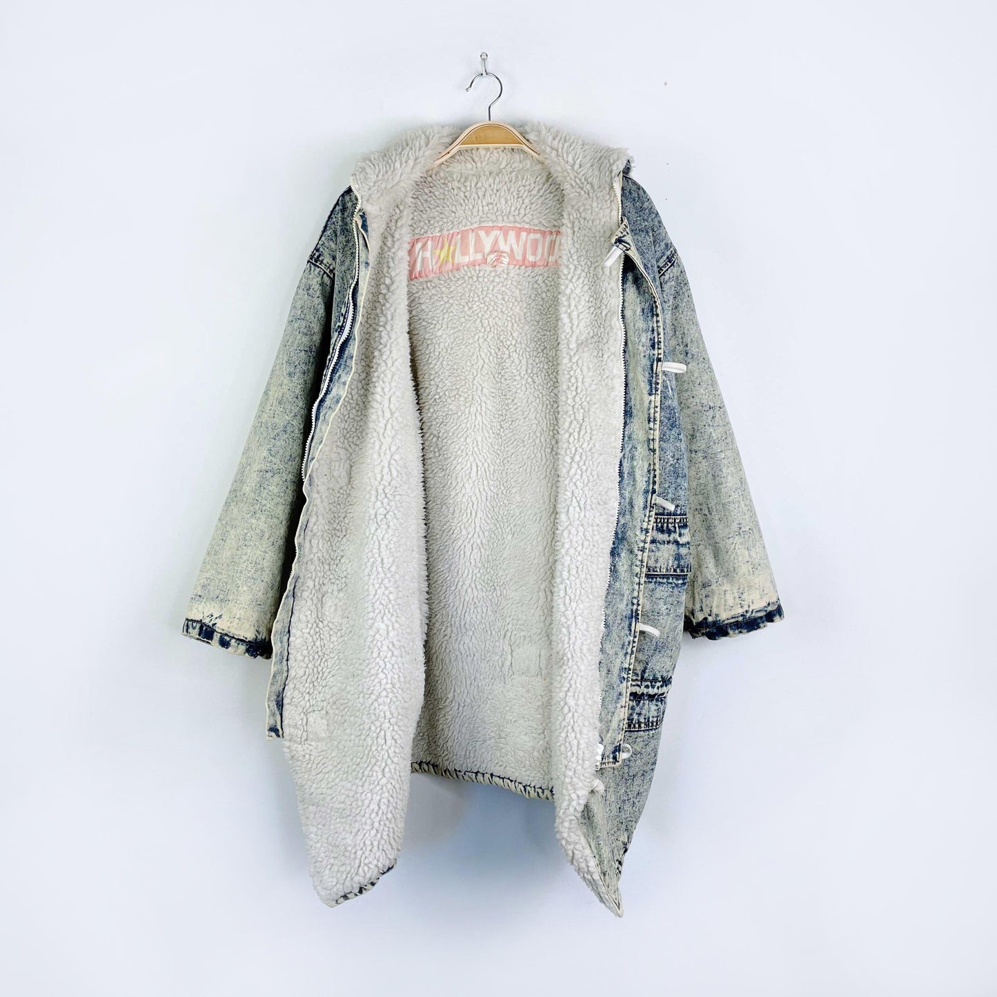 vintage 90s hollywood sherpa lined acid wash denim toggle jacket