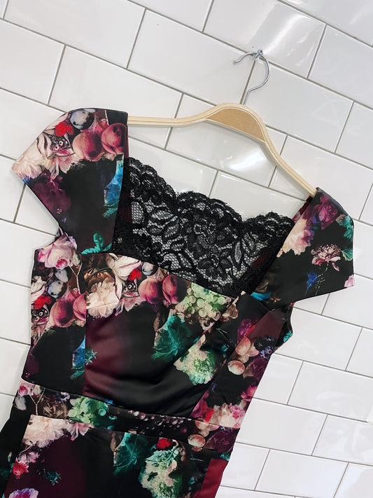 just cavalli satin floral lace neck dress