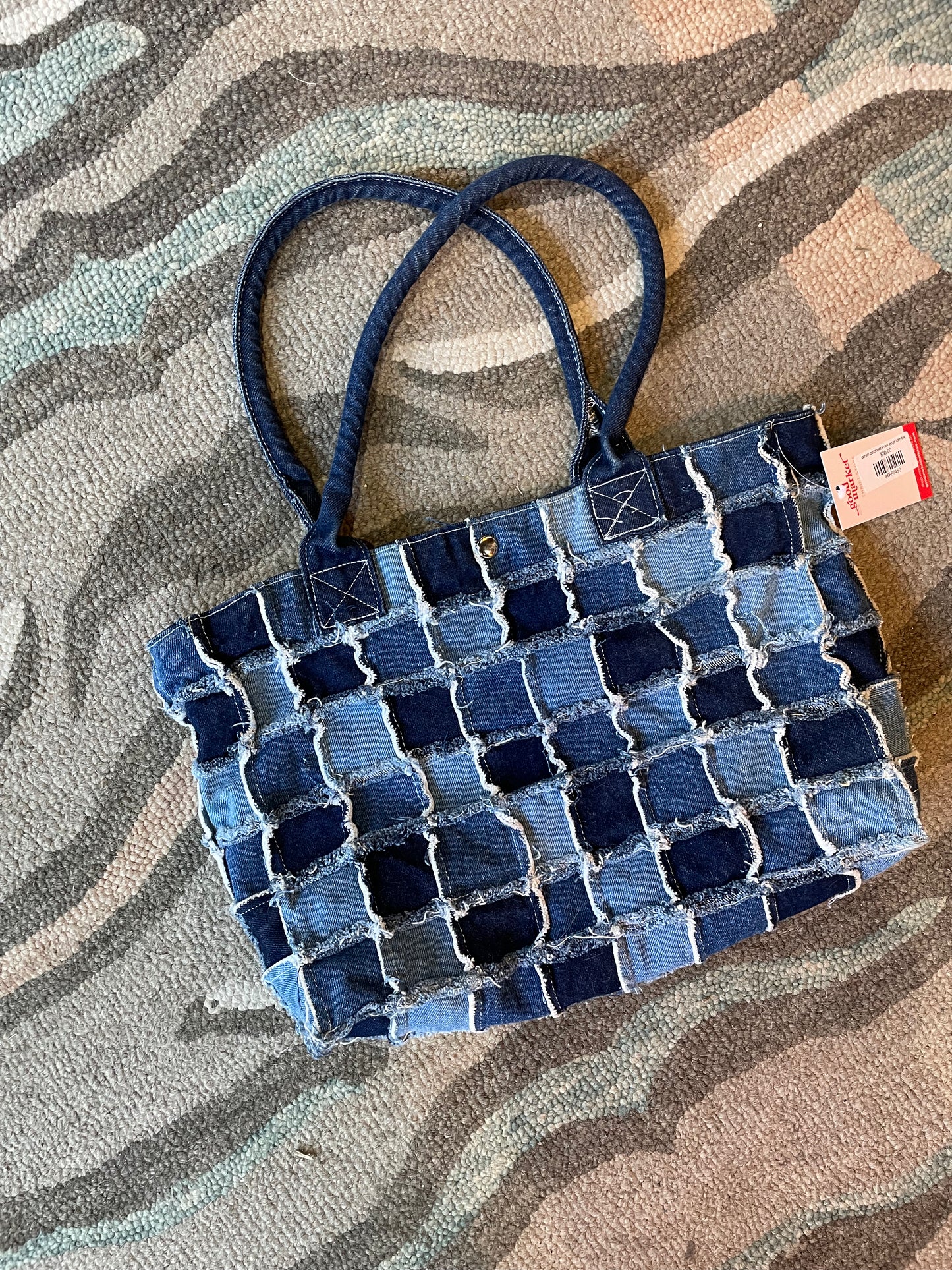 denim patchwork raw edge tote bag