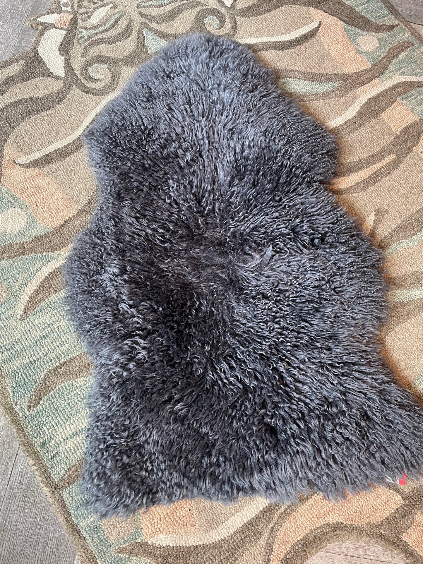 grey deep pile shag sheepskin rug
