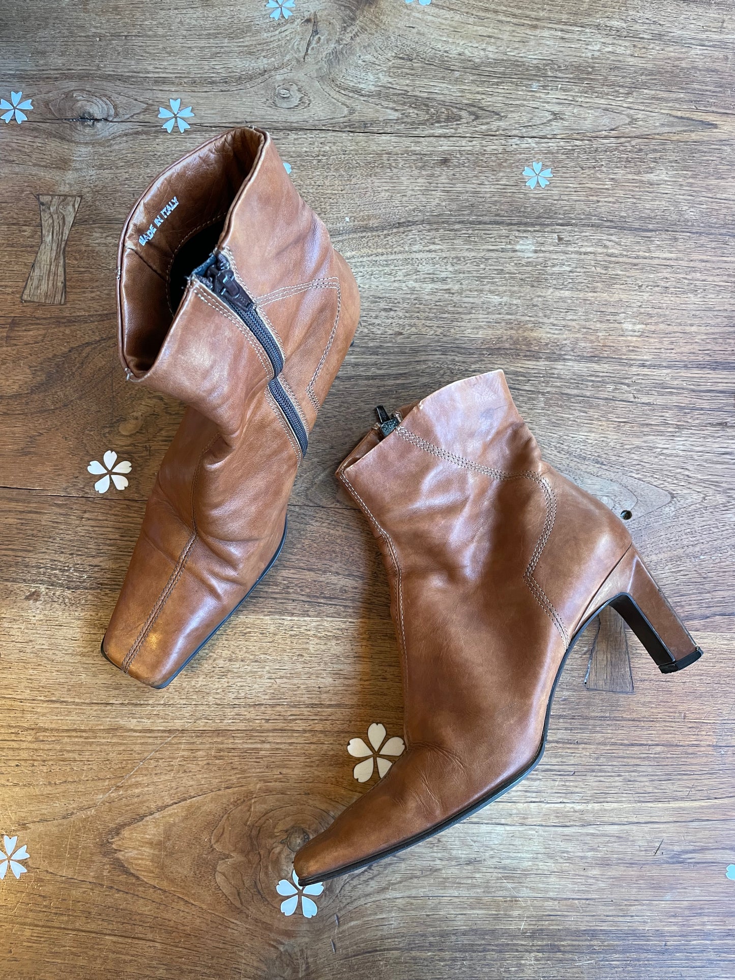 vintage italian leather square toe heeled boots