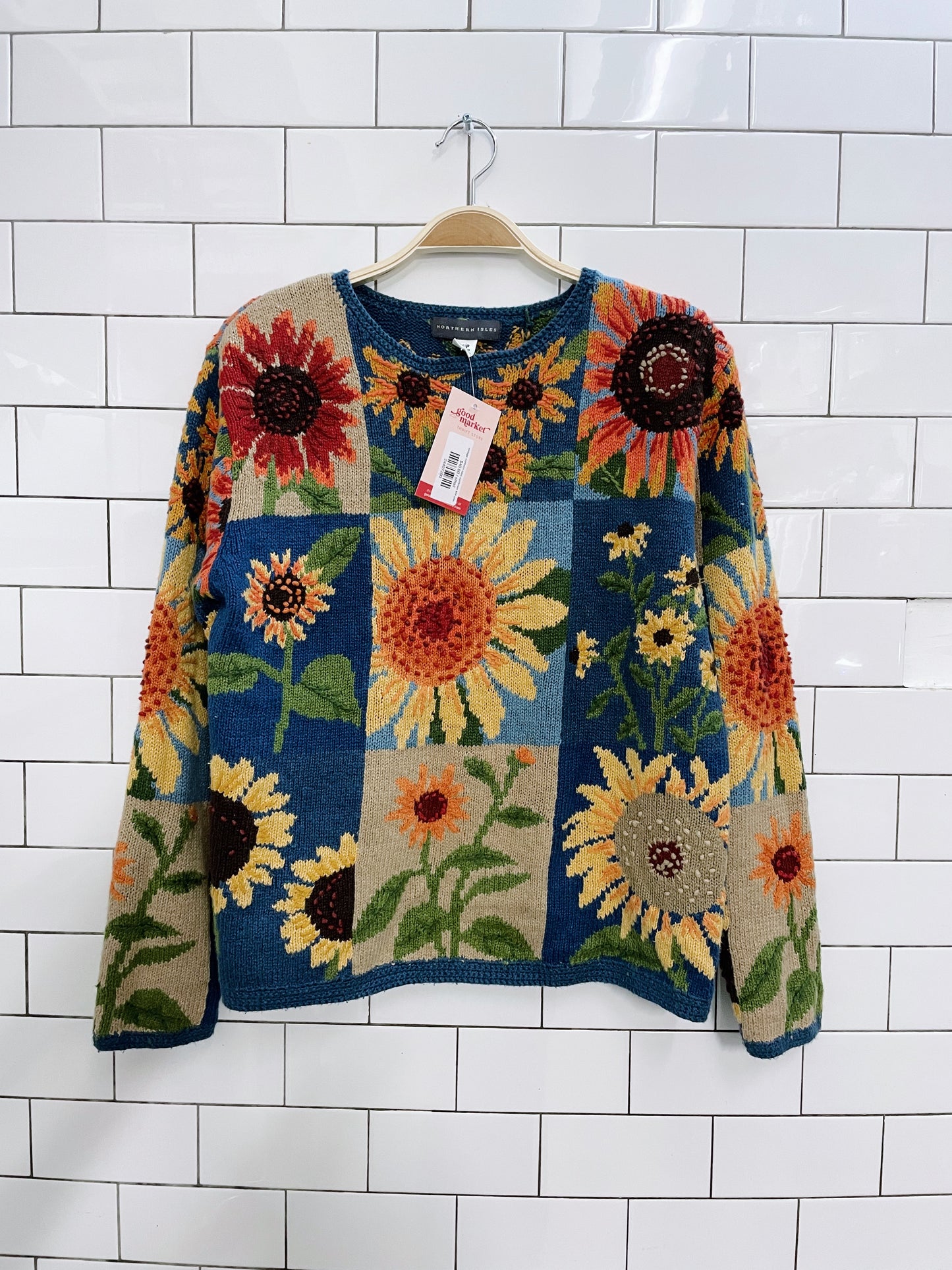 vintage northern isles sunflower knit crew