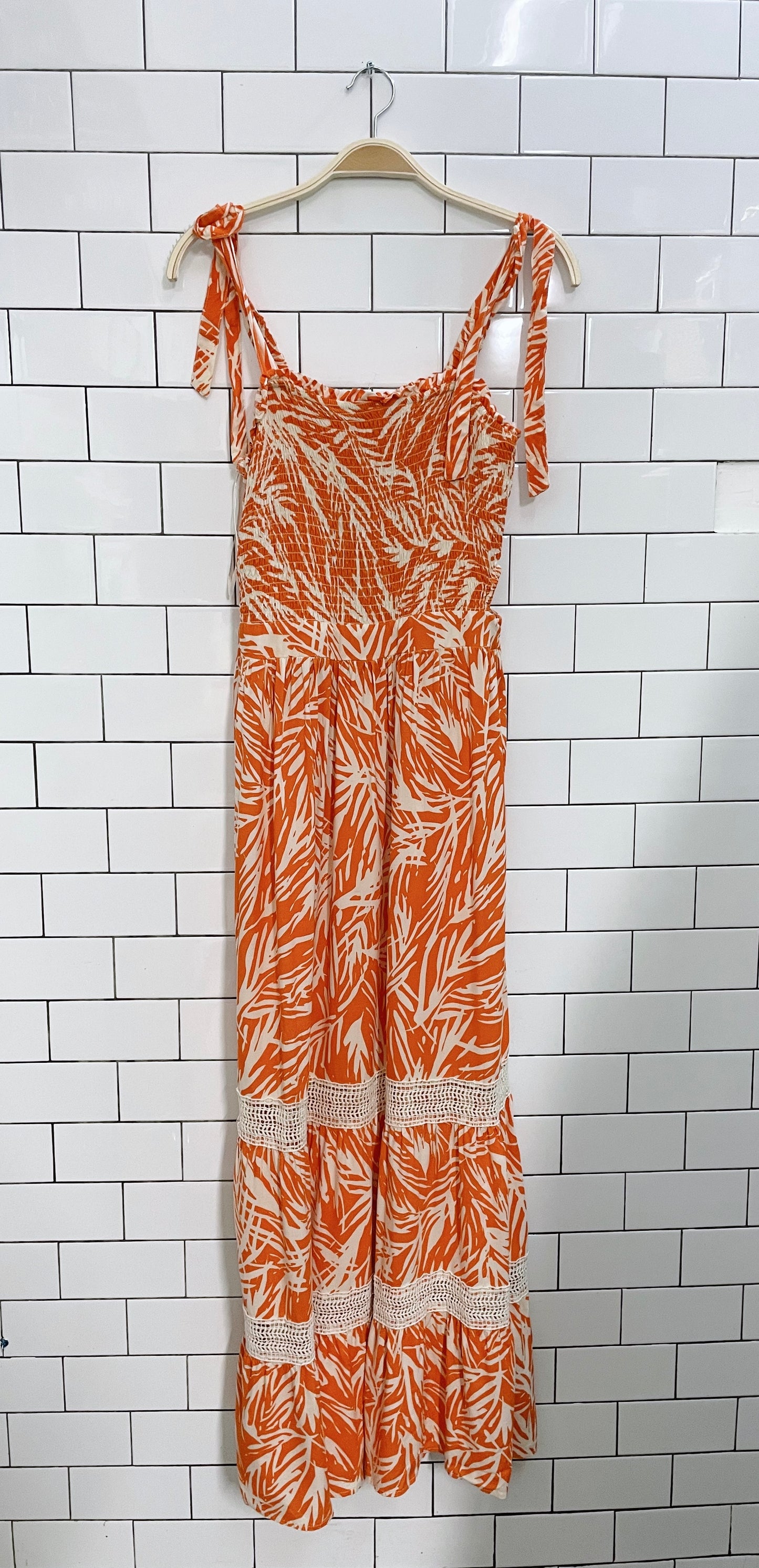 japna orange tropical leaf smocked maxi dress