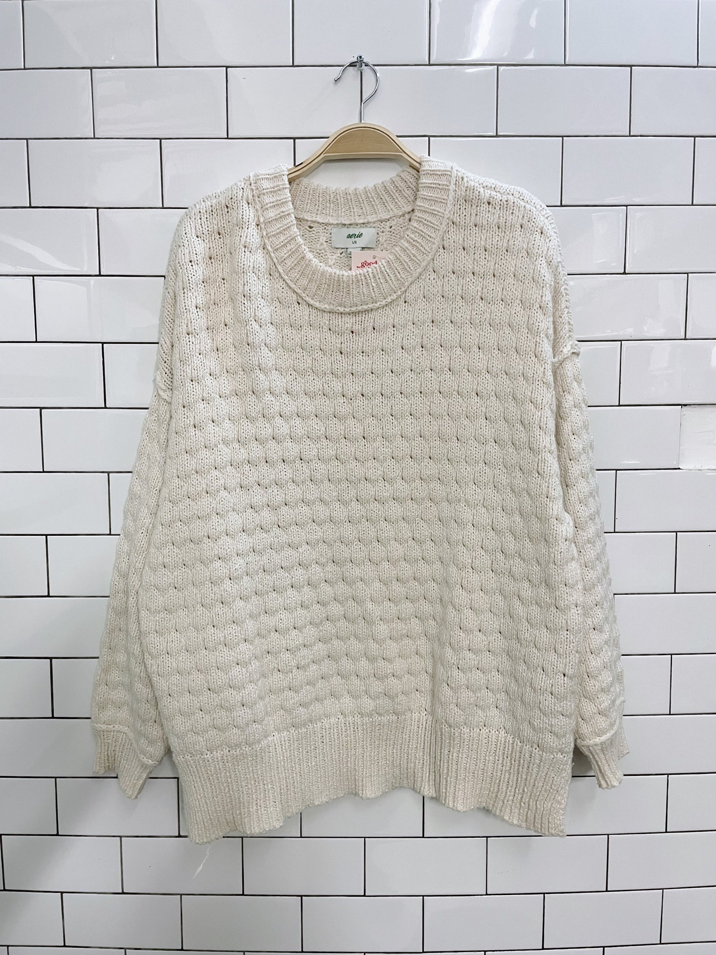 aerie textured waffle neutral knit crew