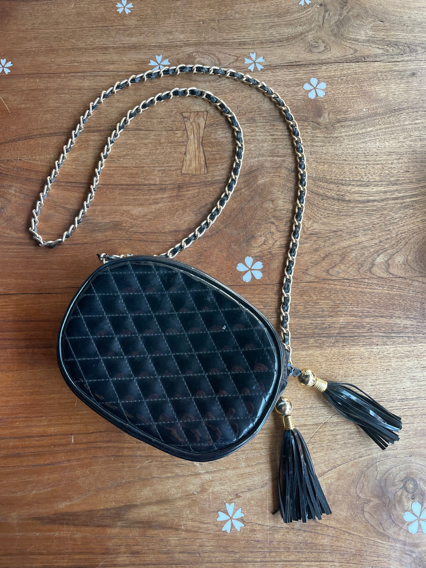 chanel-style quilted patent chain crossbody