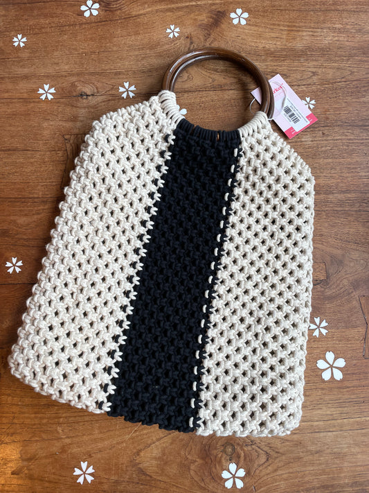 woven cotton bag with round wood handles