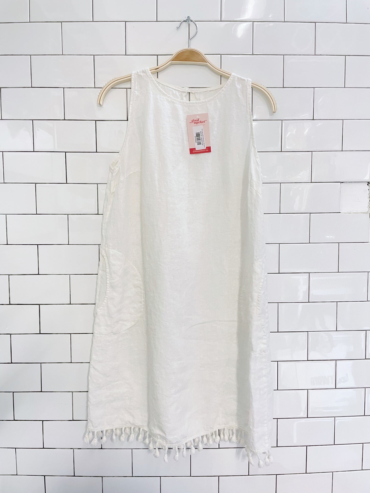 100% linen white tassel hem tank dress