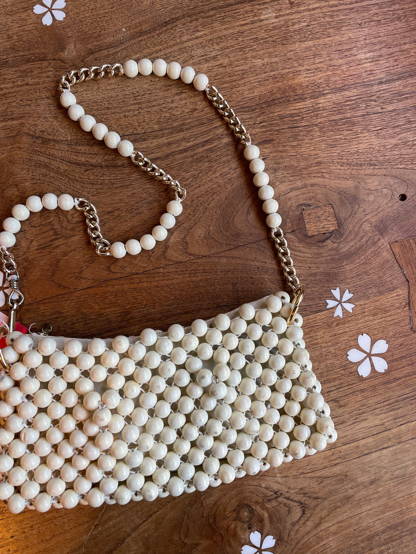 vintage 60 white wood beaded bag made in japan