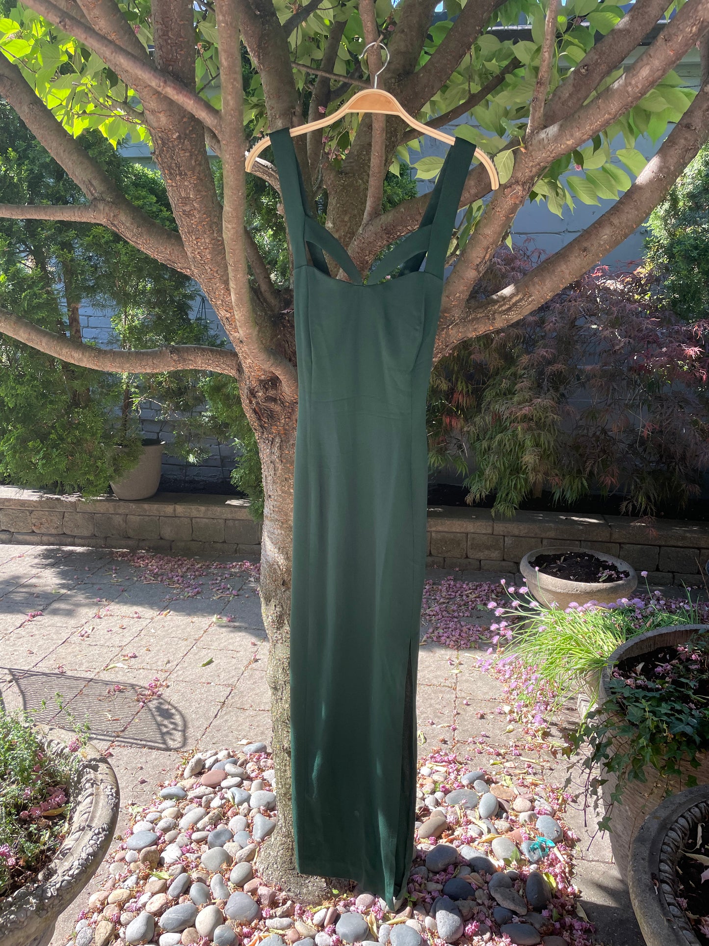 vintage green bustier cut out maxi gown dress