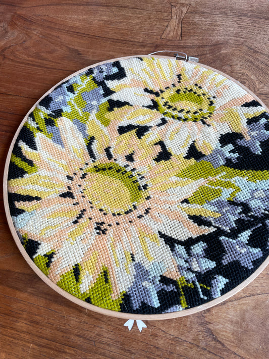 vintage sunflower cross stitch hoop