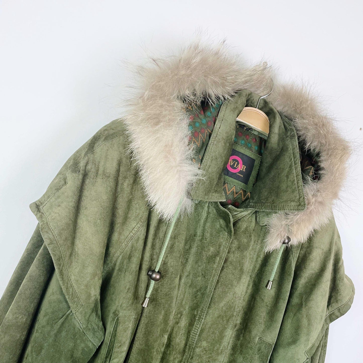 vintage caviar suede parka with fur trim hood - size medium
