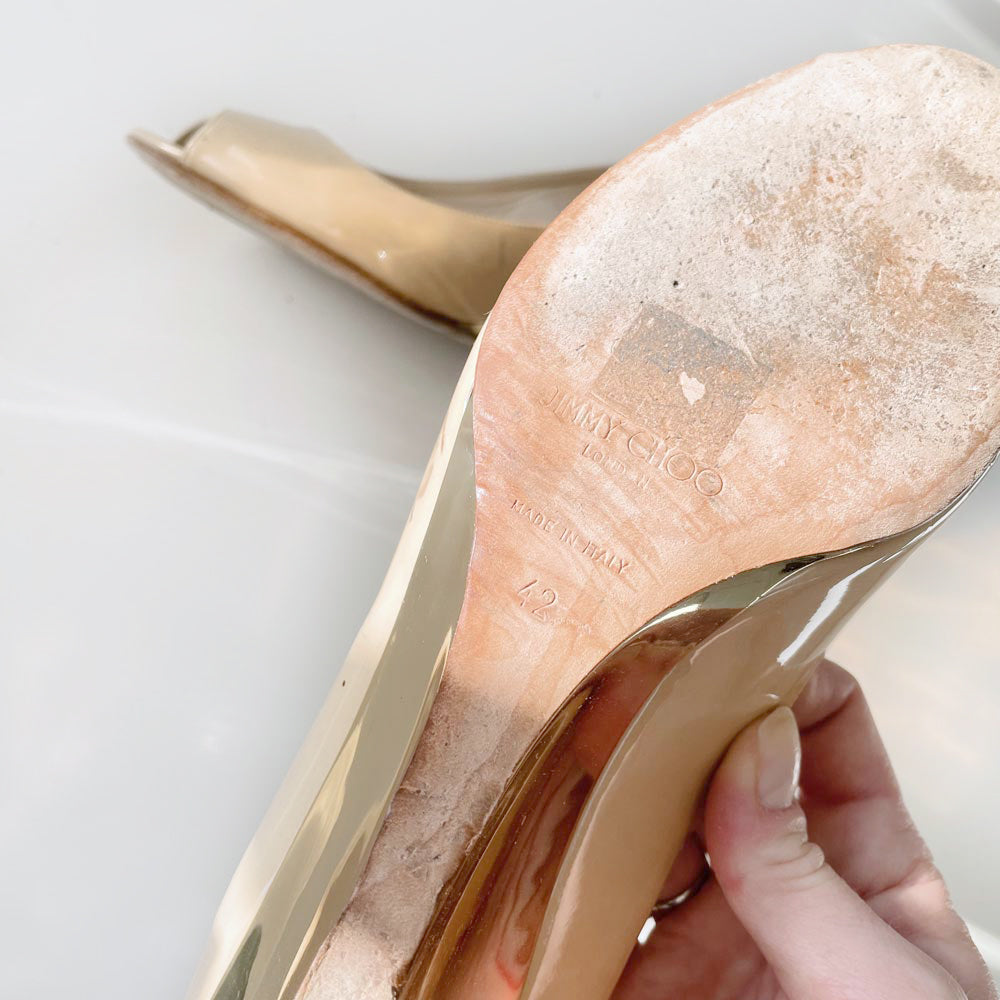 jimmy choo baxen metallic wedge peep toe patent shoes