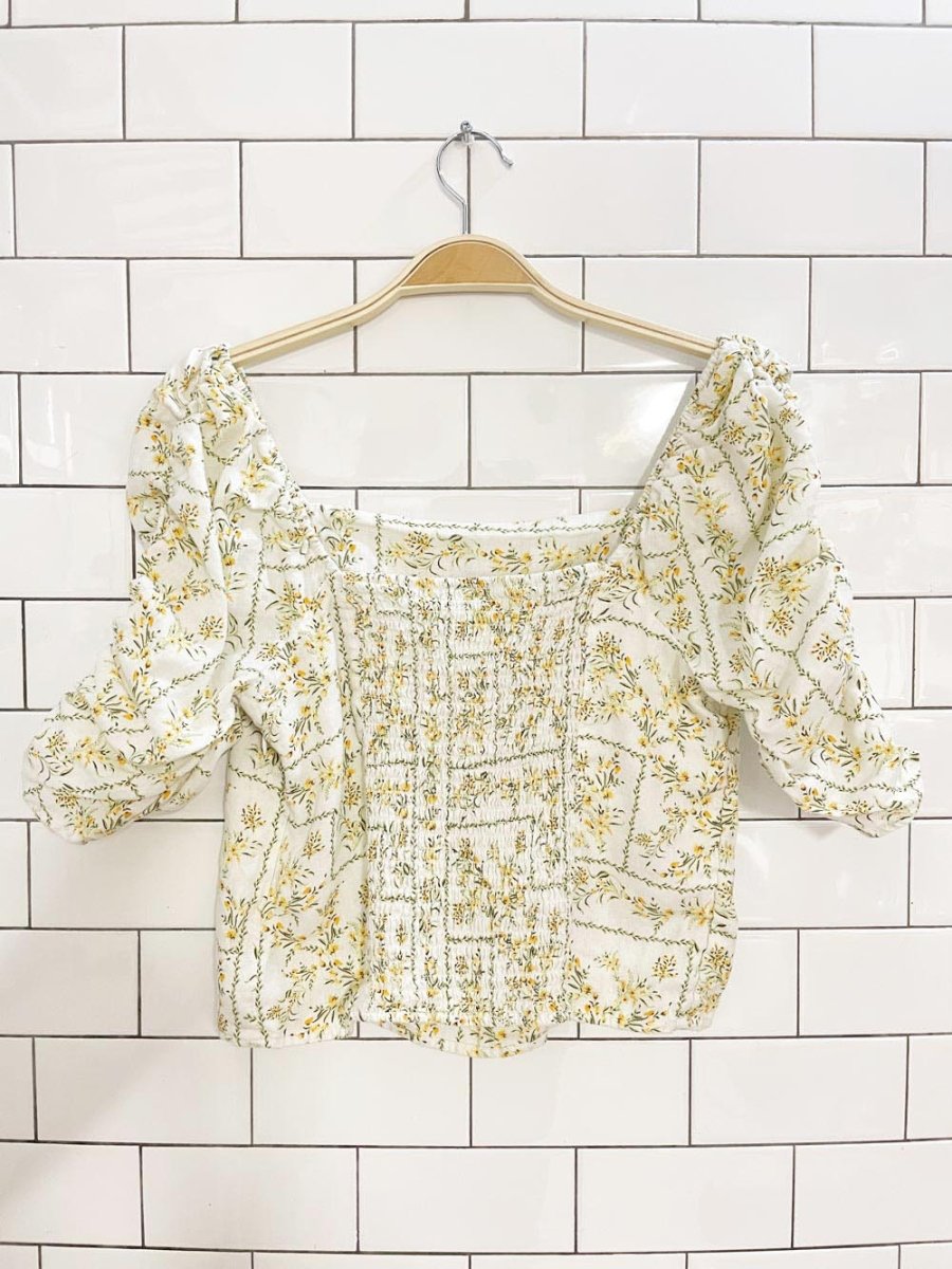 joie 100% linen floral ruched sleeve prairie blouse - good market thrift store