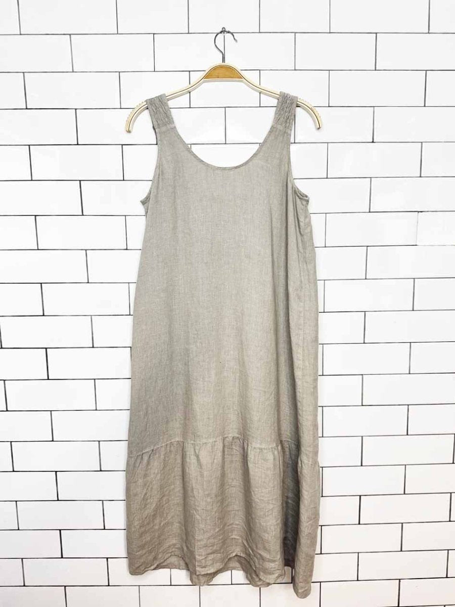 linen smocked shoulder peplum hem midi dress - good market thrift store
