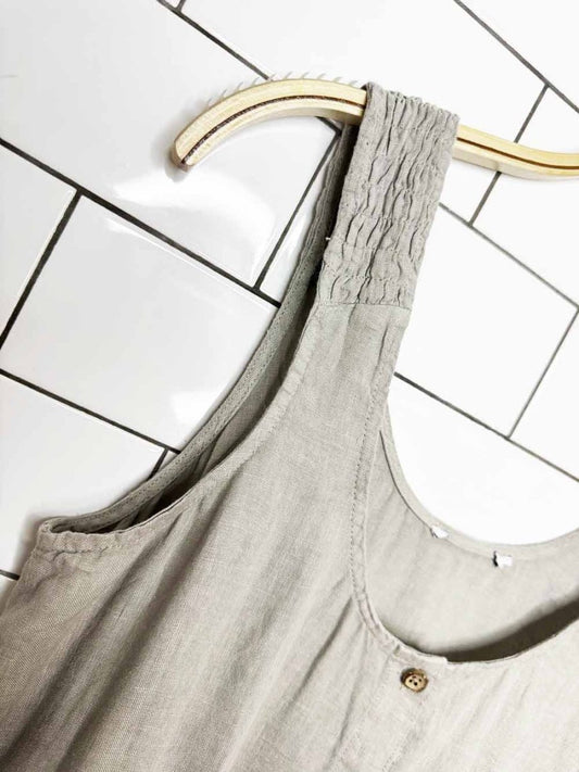 linen smocked shoulder peplum hem midi dress - good market thrift store