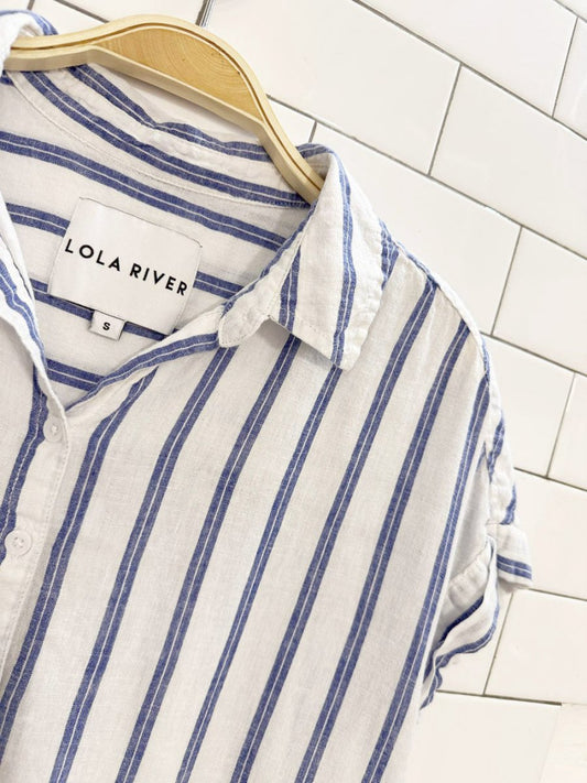 lola river linen - blend cuffed sleeve blue stripe full button shirt - good market thrift store