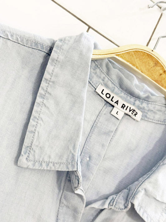 lola river sleeveless full button denim chambray shirt - good market thrift store
