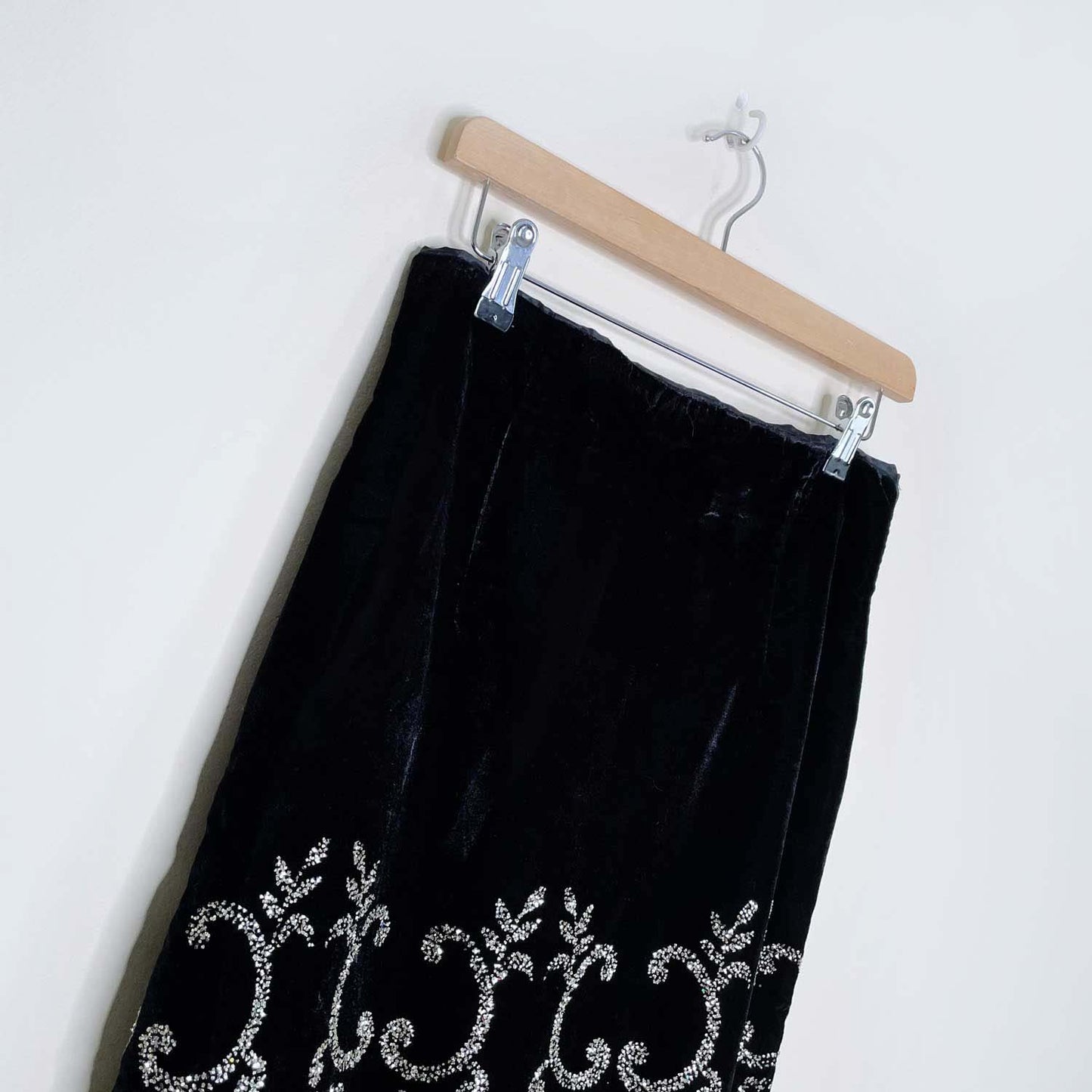 vintage black velvet gold glitter maxi skirt - size medium