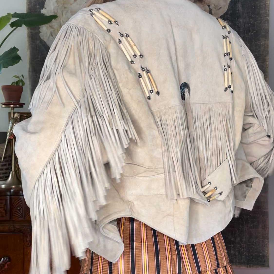 vintage 60s apache first nations leather fringe western jacket - size xl
