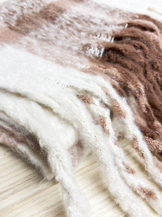 neutrals fuzzy woven plaid fringe scarf - good market thrift store