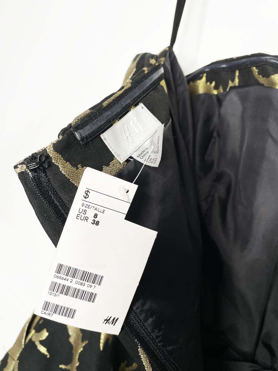 nwt h&m wool - blend gold brocade pleated strapless cocktail dress - good market thrift store