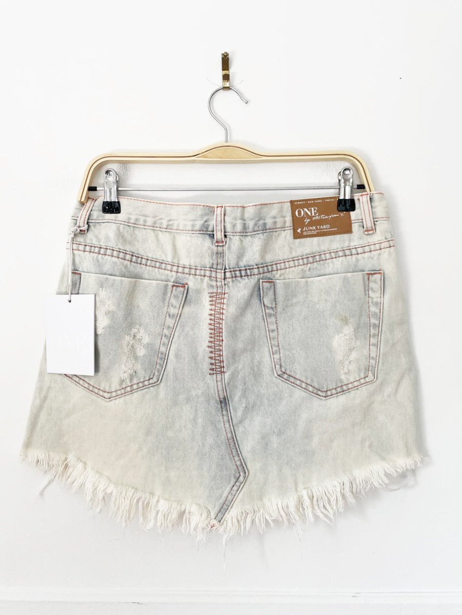 nwt one teaspoon junkyard distressed denim mini skirt - good market thrift store