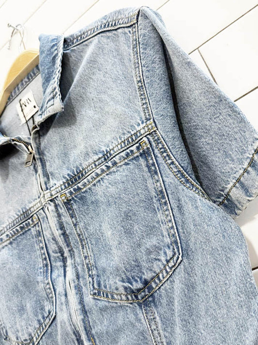 nwt zara denim short sleeve zip wide leg jumpsuit - good market thrift store