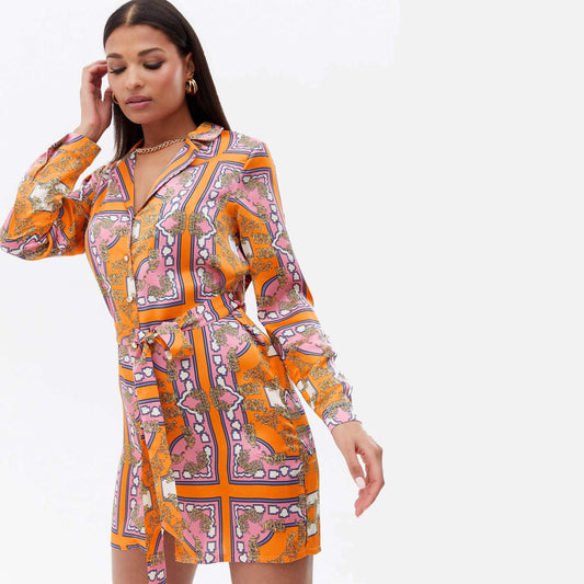 new look scarf print belted satin shirt dress