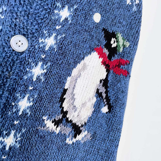 vintage holiday penguins linen-blend cardigan - size medim