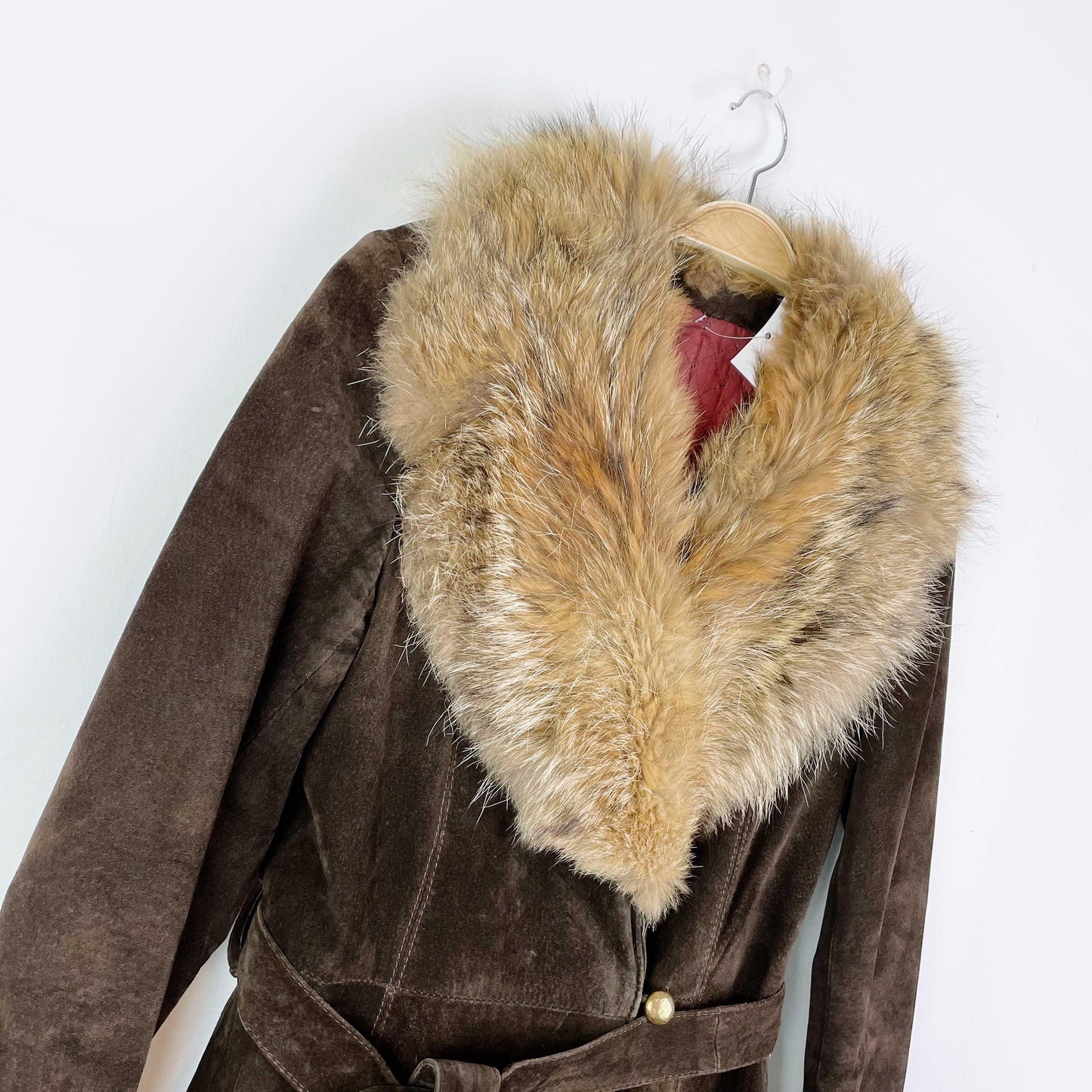 vintage suede penny lane trench coat w fox fur collar - size xs