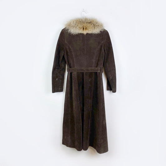 vintage suede penny lane trench coat w fox fur collar - size xs