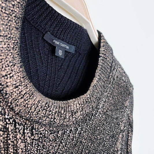 pink tartan gold shimmer 100% wool knit pullover - size xs
