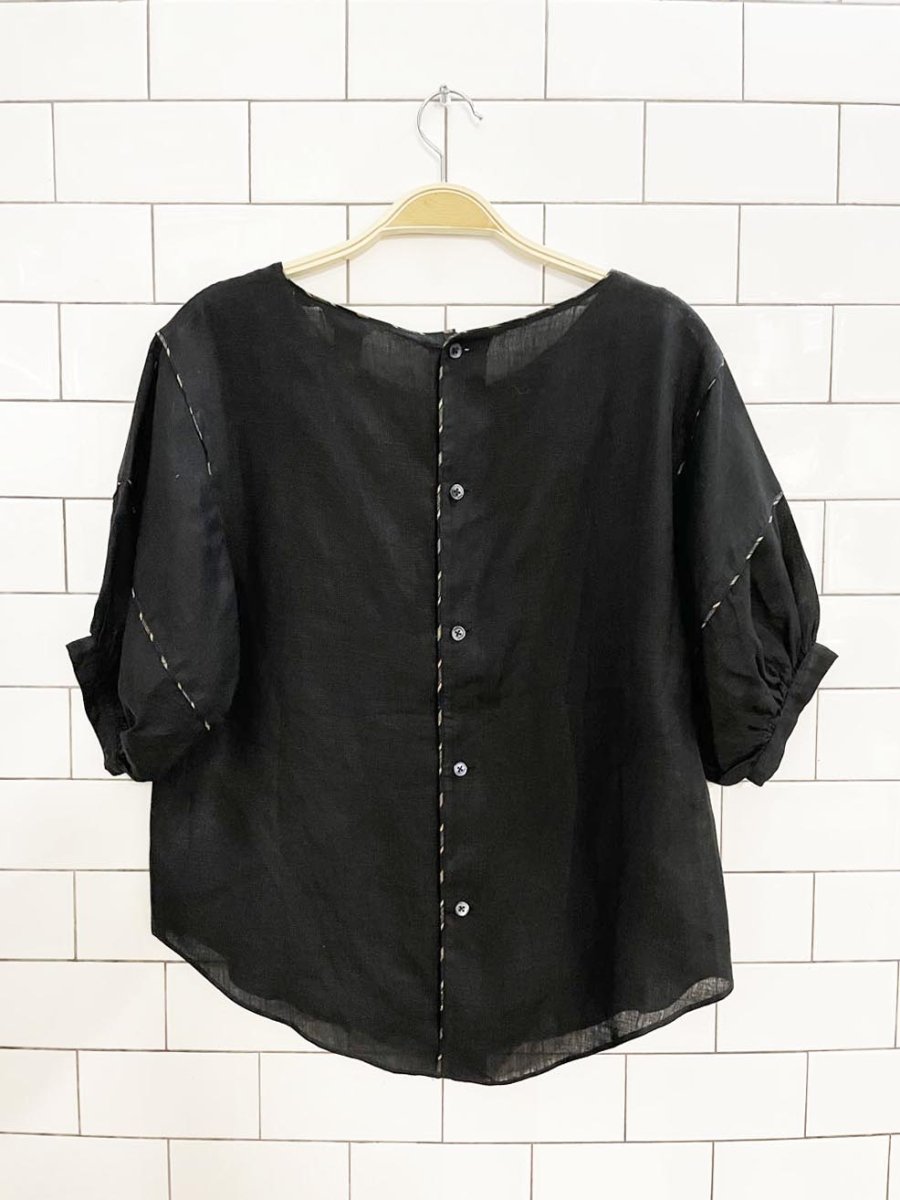 pinky & dianne 100% italian linen button back puff sleeve top - good market thrift store