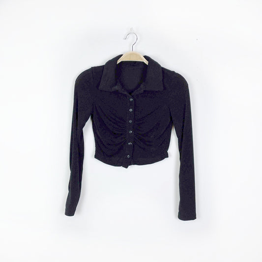 black slinky semi-sheer ruched crop long sleeve polo - size xs