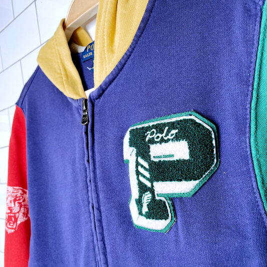 polo ralph lauren colourblock varsity full zip hoodie - size medium