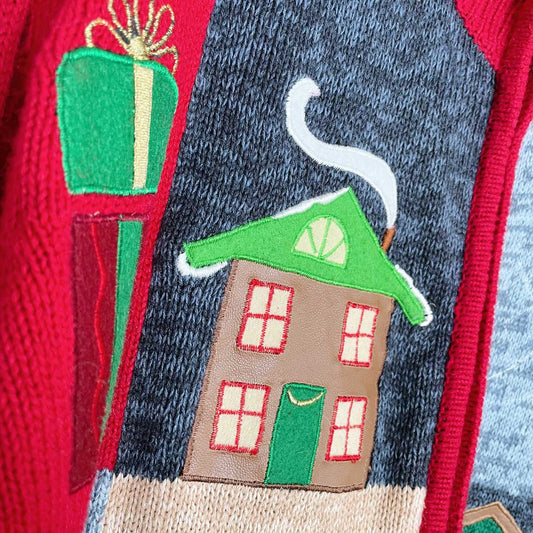 holiday red patchwork knit cardigan - size xl