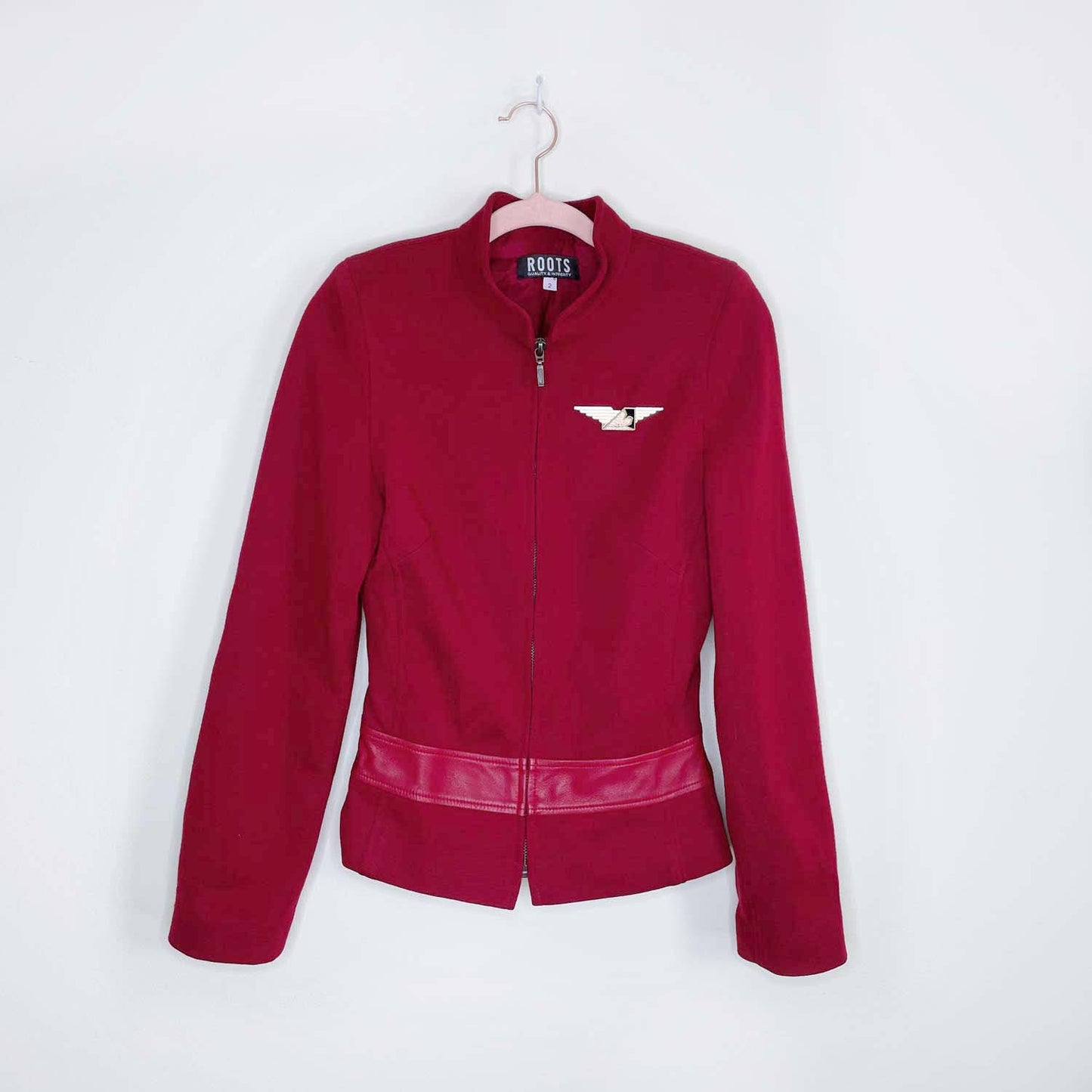 vintage roots wool jacket with leather trim - size 2