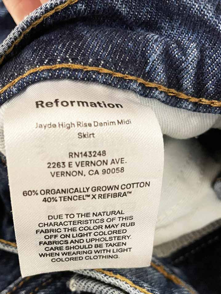 reformation jeans jayde high rise denim midi skirt - good market thrift store