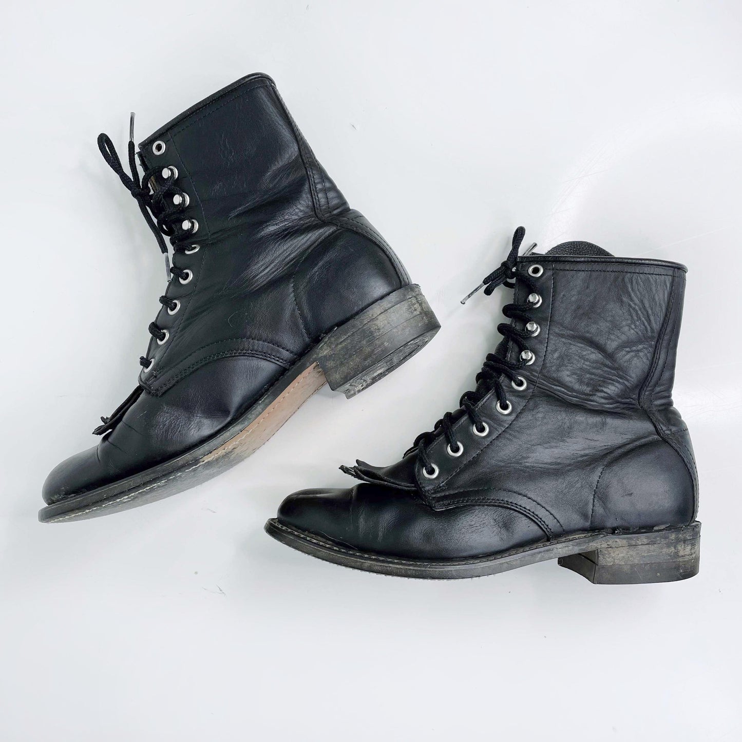 vintage black leather rodeo kiltie roper boot - size 7.5