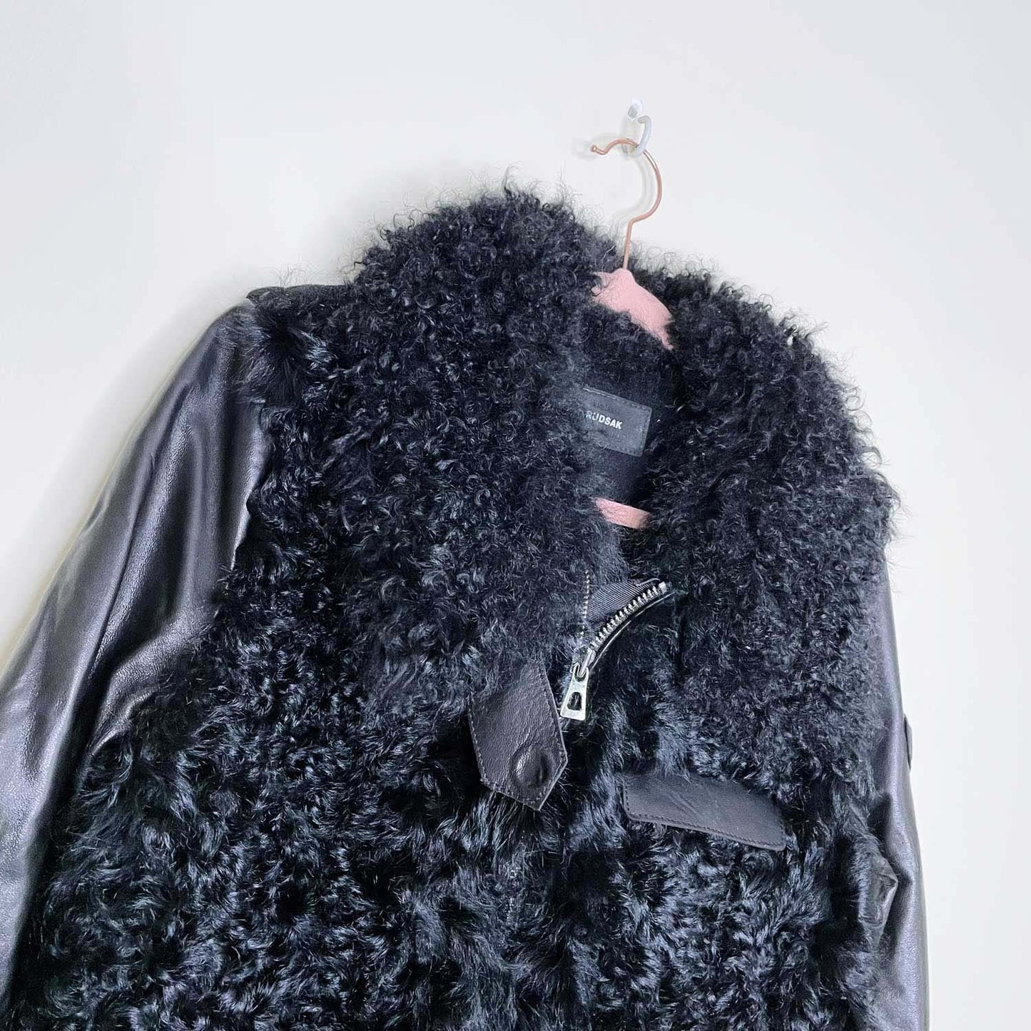 rudsak black mongolian sheepskin wool leather coat - size large