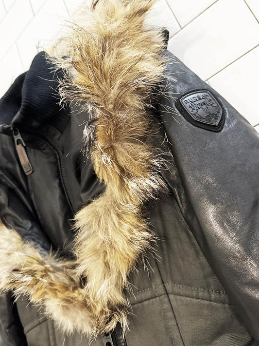 rudsak leather sleeve wolf fur trim hooded parka - good market thrift store