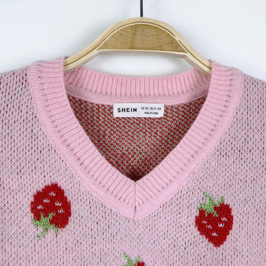 shein strawberry v-neck sweater - size 11-12Y