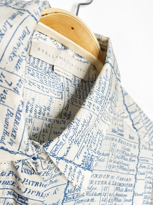 stella mccartney 100% silk french cuff english travel ledger print blouse - good market thrift store