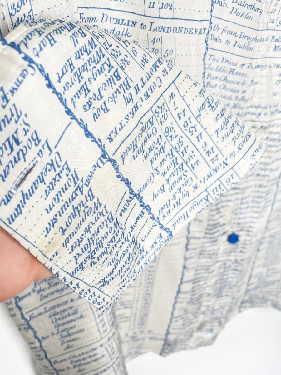 stella mccartney 100% silk french cuff english travel ledger print blouse - good market thrift store